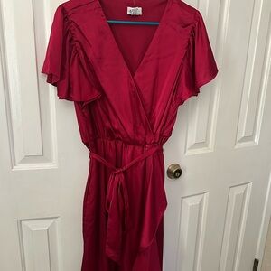 Nicole Miller Red Wrap Midi Dress with Flutter Sleeves